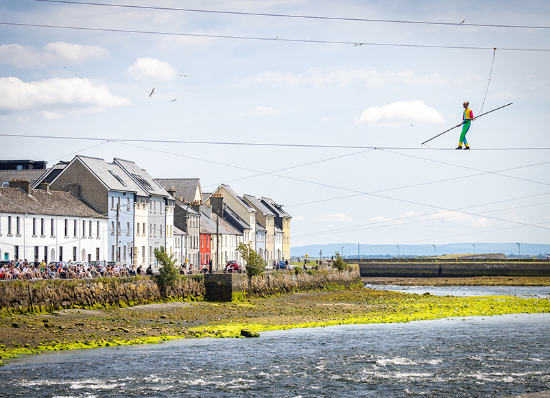 Highwire artist Ellis Grover walking the Corrib River wire at LifeLine